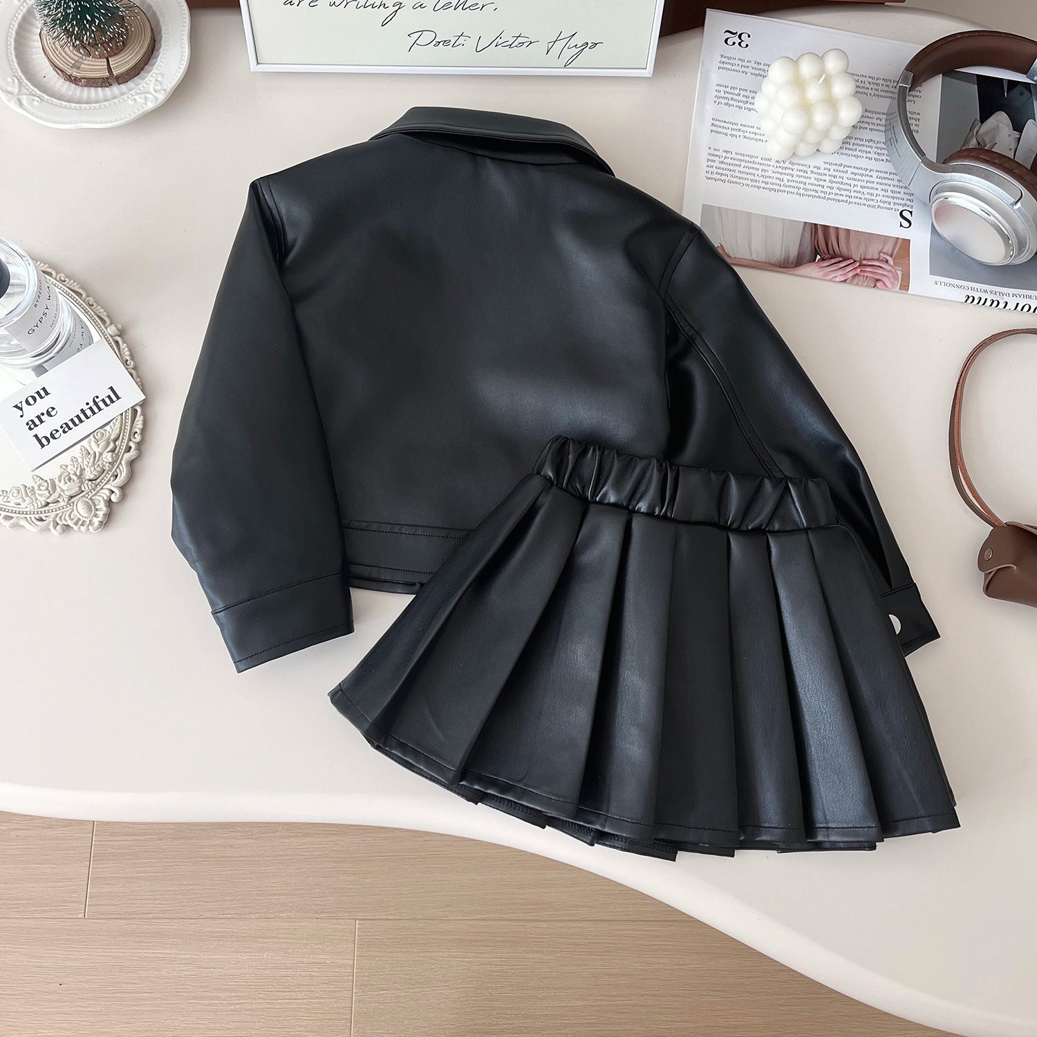 [963155] - One Set 2in1 Baju Setelan Jaket Leather Lengan Panjang Bawahan Rok Pendek Plisket Korean Version Style Anak Perempuan Cewek - Motif Basic Solid Color - BABYHOKI STORE - BABYHOKI STORE