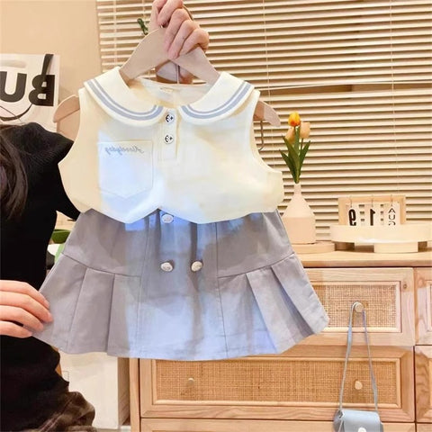 [963293] - One Set 2in1 Baju Setelan Atasan Kerah Lengan Kutung Bawahan Celana Rok Pendek Korean Style Anak Perempuan Cewek - Motif Academy Style - BABYHOKI STORE