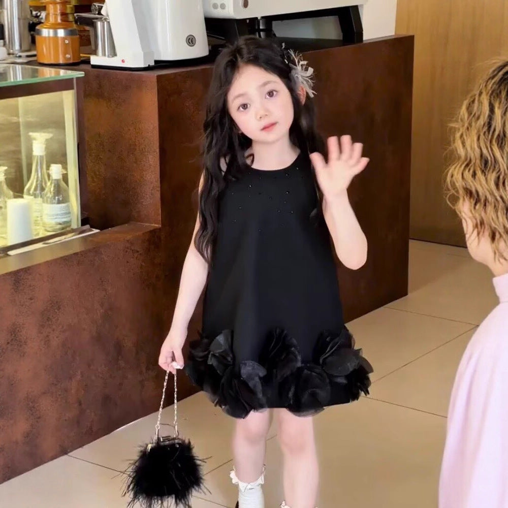 [5071134] - Baju Gaun Dress Elegant Lengan Kutung Fashion Style Anak Perempuan Cewek - Motif Solid Black Color - BABYHOKI STORE