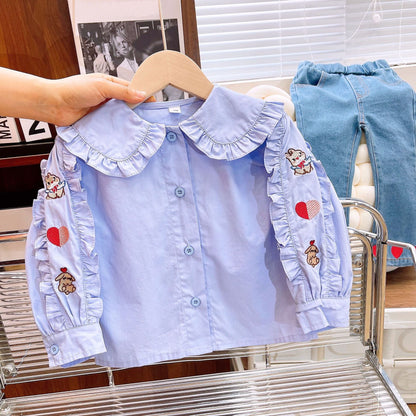 [363729] - Setelan Baju Blouse Ruffles Lengan Panjang Celana Jeans Panjang Fashion Anak Perempuan - Motif Little Heart