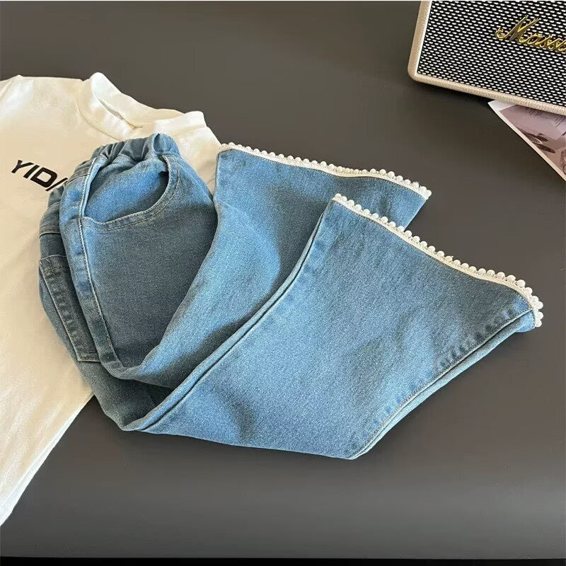 [5071161] - Bawahan Celana Jeans Cutbray Korean Version Style Anak Perempuan Cewek - Motif Lace Bottom - BABYHOKI STORE