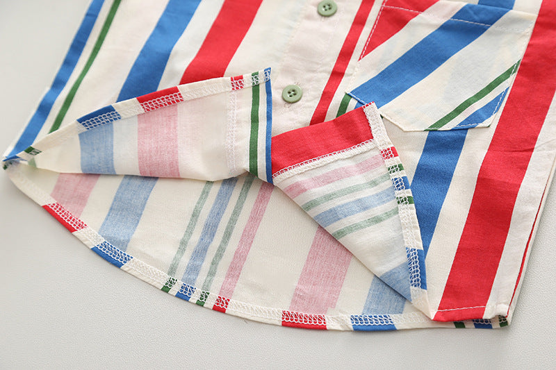 [345420] - Baju Setelan Kemeja Lengan Pendek Celana Pendek Anak Cowok Fashion - Motif Side Stripped