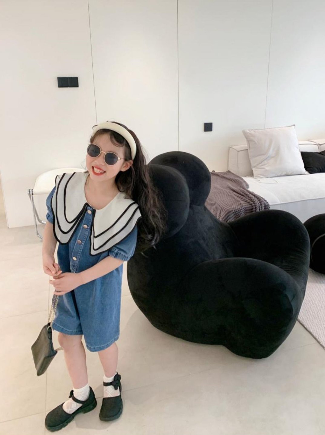 [507S1104] - Baju Dress Denim Lengan Pendek Anak Perempuan - Motif Denim Line