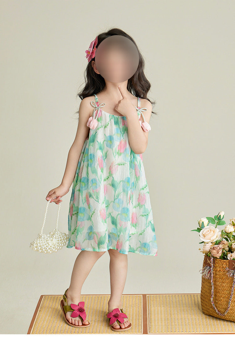 [5071114] - Baju Dress Gaun Cool Holiday Lengan Kutung Fashion Trendi Anak Perempuan Cewek - Motif Tulips - BABYHOKI STORE