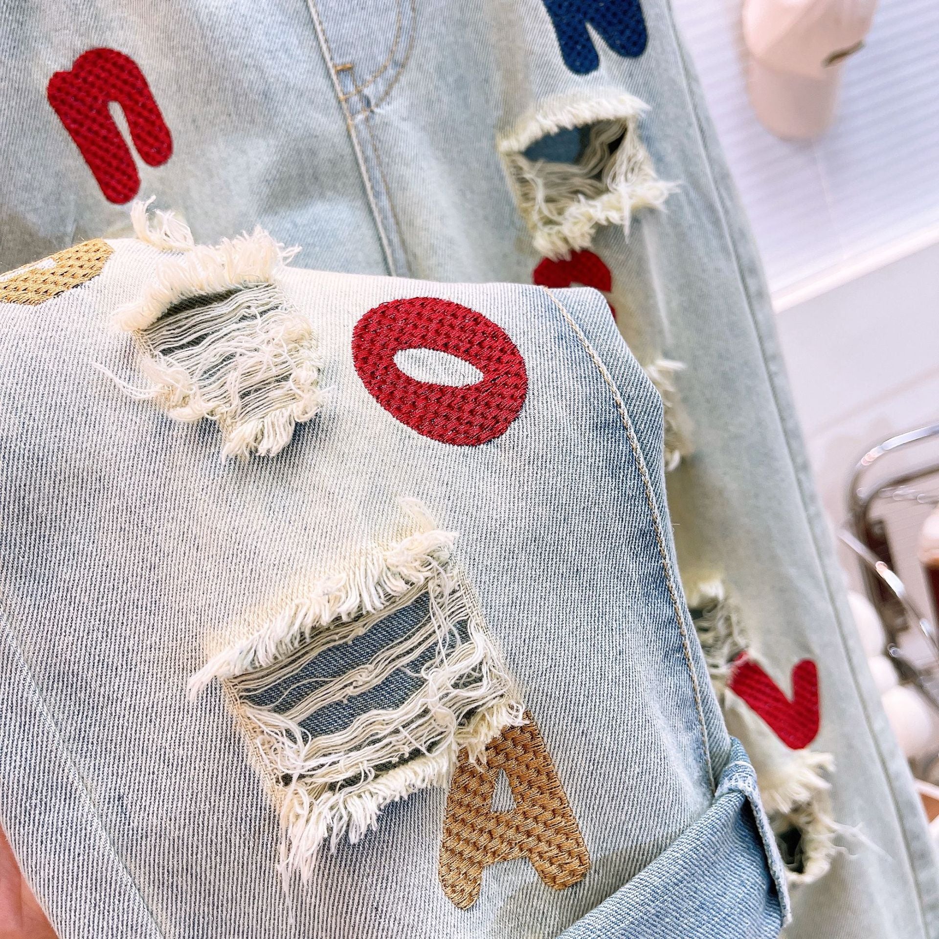[363746] - Baju Setelan Atasan Kutung Celana Bordir Ripped Jeans Fashion Anak Perempuan - Motif Street Style