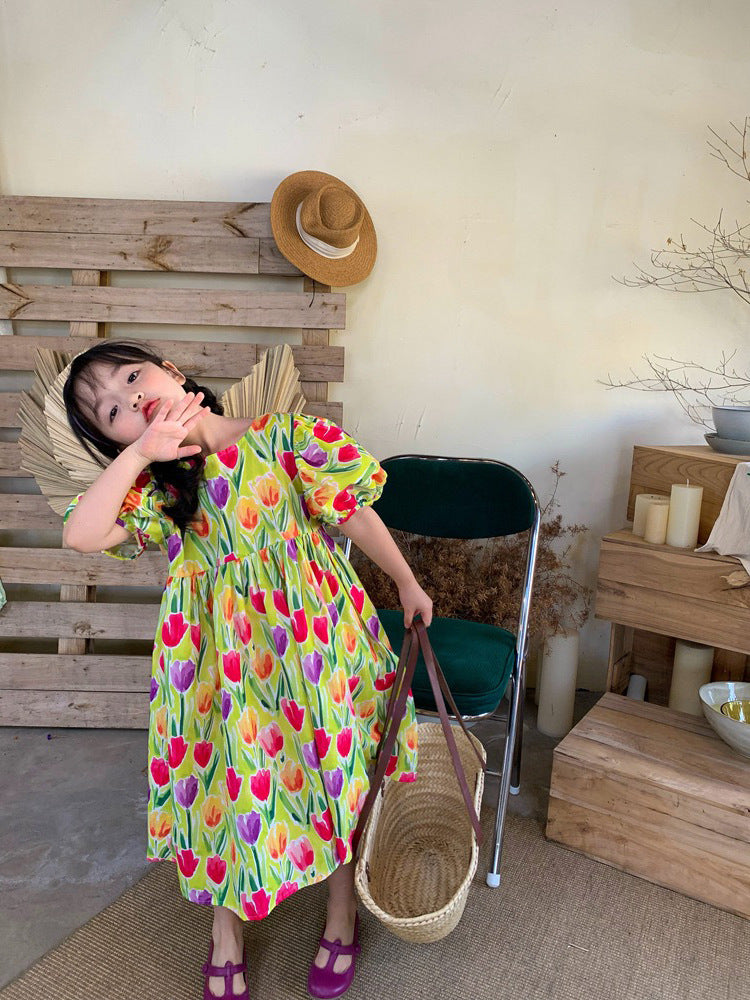 [507S181] - Baju Dress Lengan Pendek Fashion Anak Perempuan - Motif Tulip Flower