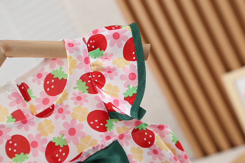 [352382] - Baju Mini Dress Pantai Fashion Anak Perempuan - Motif Ribbon Strawberries