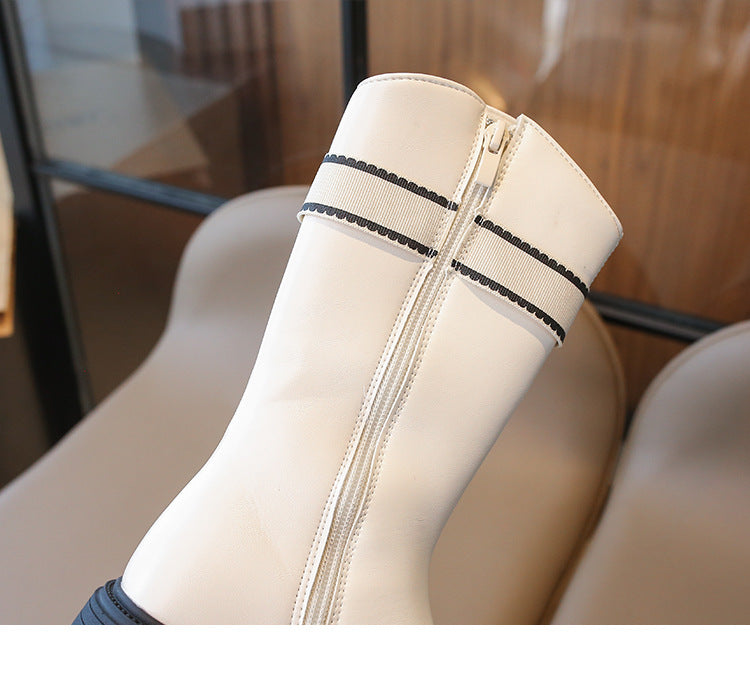 [381281 Size 26-35] - Sepatu High Boots Leathers Princess Shoes Fashion Anak Perempuan Cewek - Motif Writing Stripe - BABYHOKI STORE