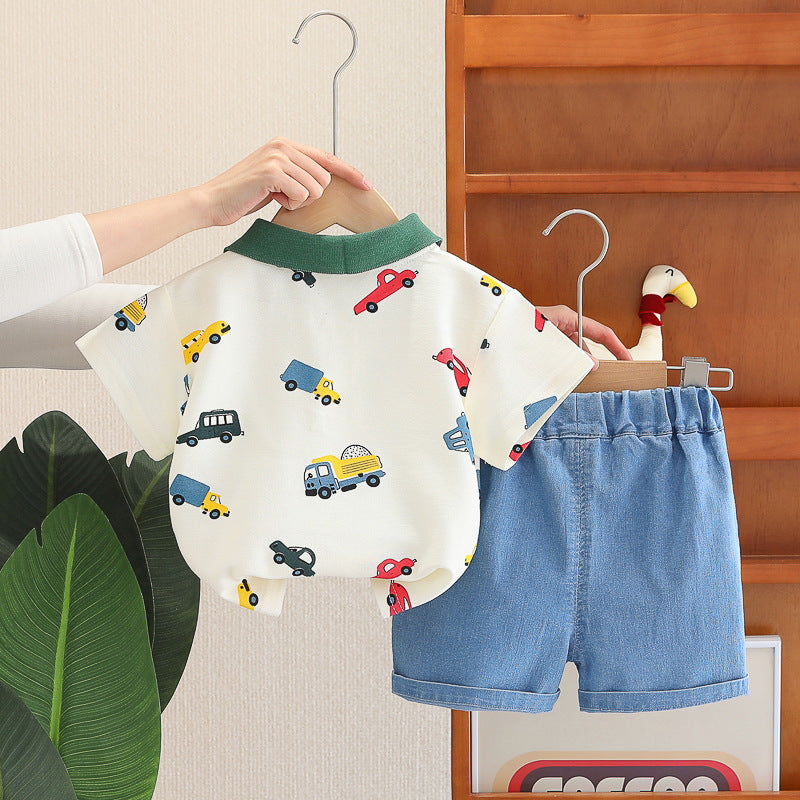 [368591] - One Set 2in1 Baju Setelan Atasan Polo Lengan Pendek Bawahan Celana Pendek Jeans Comfortable Casual Fashion Anak Laki Laki Cowok - Motif Cars - BABYHOKI STORE