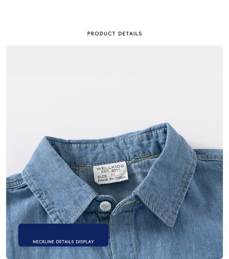[5131090] - Baju Kemeja Denim Lengan Pendek Fashion Anak Laki-Laki - Motif Stitching Texture