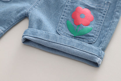 [340388] - Baju Setelan Kaos Celana Pendek Jeans Anak Perempuan - Motif Flower Images