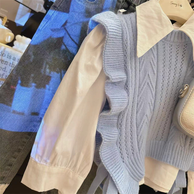 [363816] - Setelan Baju 3 in 1 Rompi Rajut Celana Jeans Panjang Fashion Anak Perempuan - Motif Knitted Lace