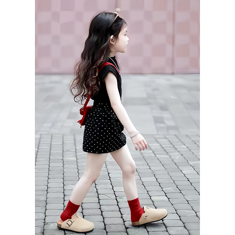 [5071077] - One Set 2in1 Baju Setelan Atasan Hitam Lengan Kutung Bawahan Celana Rok Pendek Fashion Anak Perempuan Cewek - Motif Polka Basic Colour Black - BABYHOKI STORE