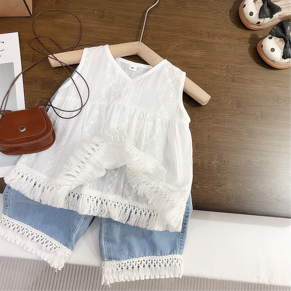 [363972] - One Set 2in1 Baju Setelan Atasan Lengan Kutung Bawahan Celana Panjang Kulot Korean Outfit Fashion Style Anak Cewek Perempuan - Motif Lace Rumbai - BABYHOKI STORE