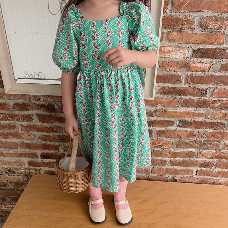 [507S1100] - Baju Dress Lengan Pendek Fashion Anak Perempuan - Motif Flower Line