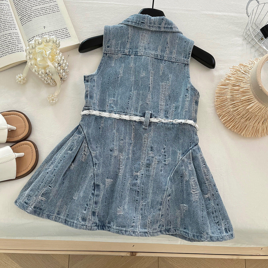 [963203] - Baju Gaun Dress Lengan Kutung Korean Version Style Anak Perempuan Cewek - Motif Small Denim Rips - BABYHOKI STORE - BABYHOKI STORE