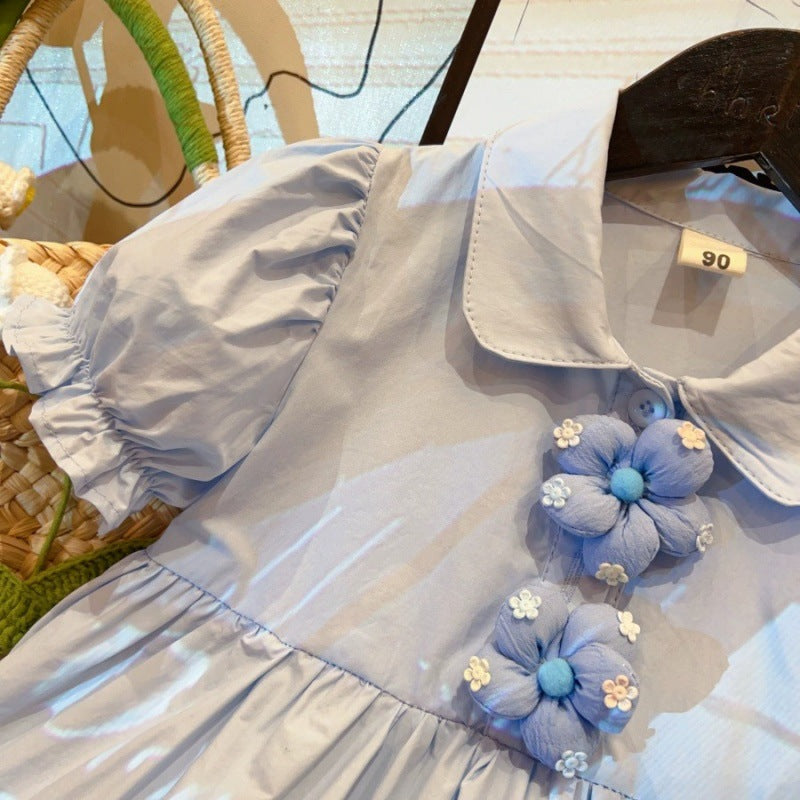 [363948] - Baju Dress Gaun Blue Lengan Panjang Fashion Anak Perempuan Cewek - Motif Cute 3D Flower - BABYHOKI STORE - BABYHOKI STORE