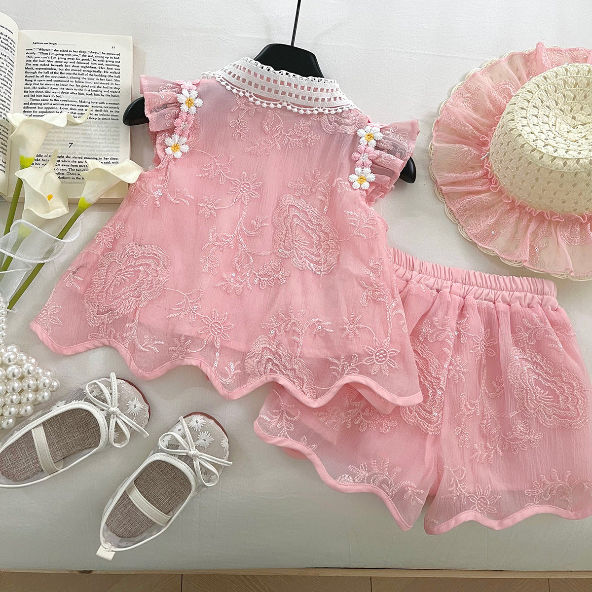 [963191] - One Set 2in1 Baju Setelan Atasan Berkerah Lengan Kutung Bawahan Celana Pendek Korea Fashion Anak Perempuan Cewek - Motif Flowers Small - BABYHOKI STORE - BABYHOKI STORE