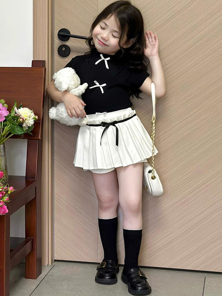 [5071111] - One Set 2in1 Baju Setelan Atasan Ribbon Lengan Pendek Bawahan Celana Rok Pendek Plisket Fashion Korean Style Anak Perempuan Cewek - Motif Top Ribbon Plisket Bottom - BABYHOKI STORE