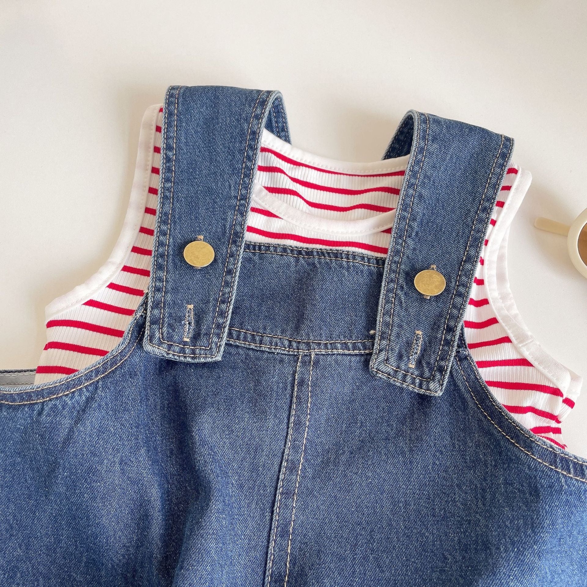 BABYHOKI STORE Usia 7 8 9 10 Tahun Baju Anak Tanggung Cewek [363613] - Setelan Singlet Overall Jeans Anak Perempuan - Motif Good Stripe