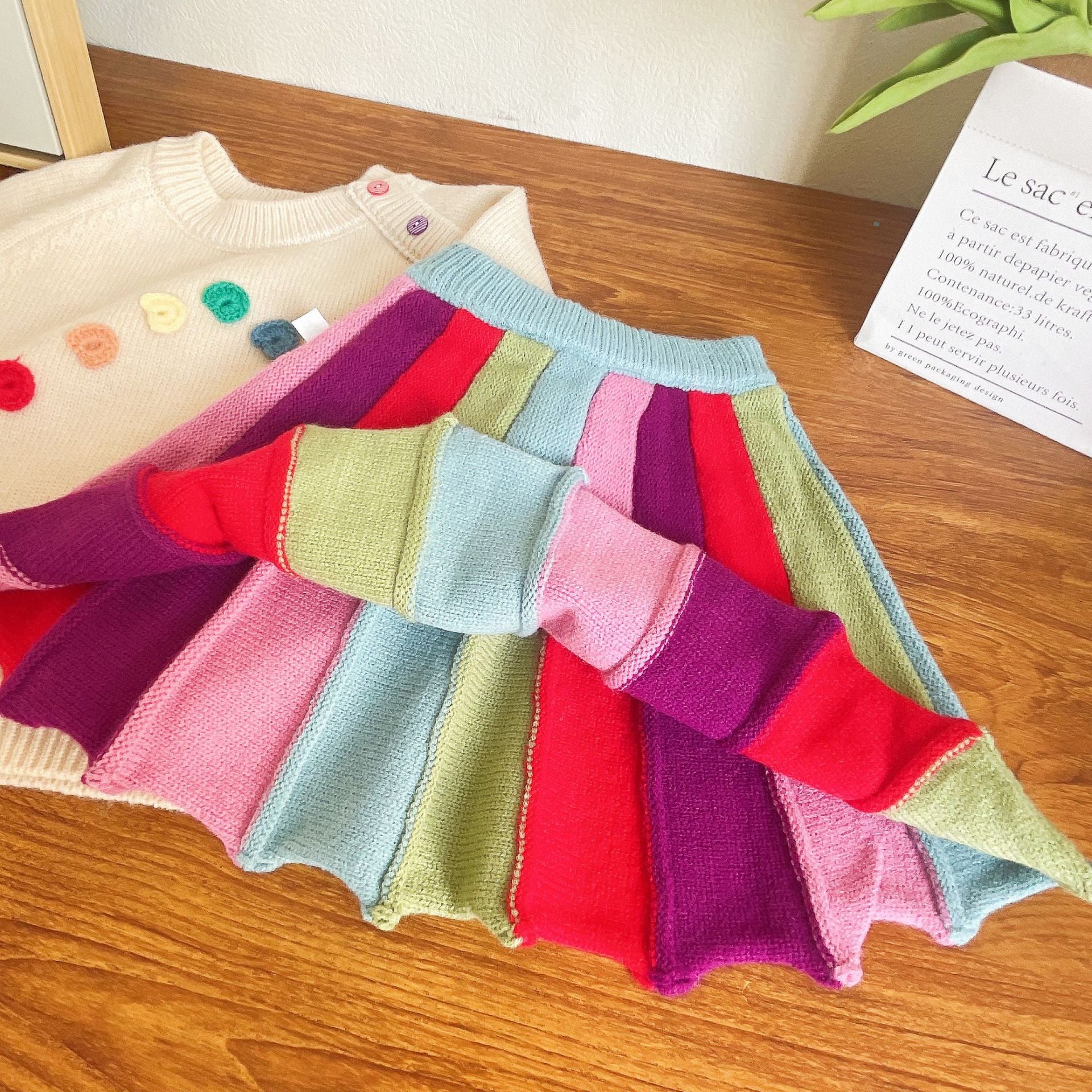 [363591] - Setelan Sweater Rajut Bawahan Rok Import Anak Perempuan - Motif Rainbow Button