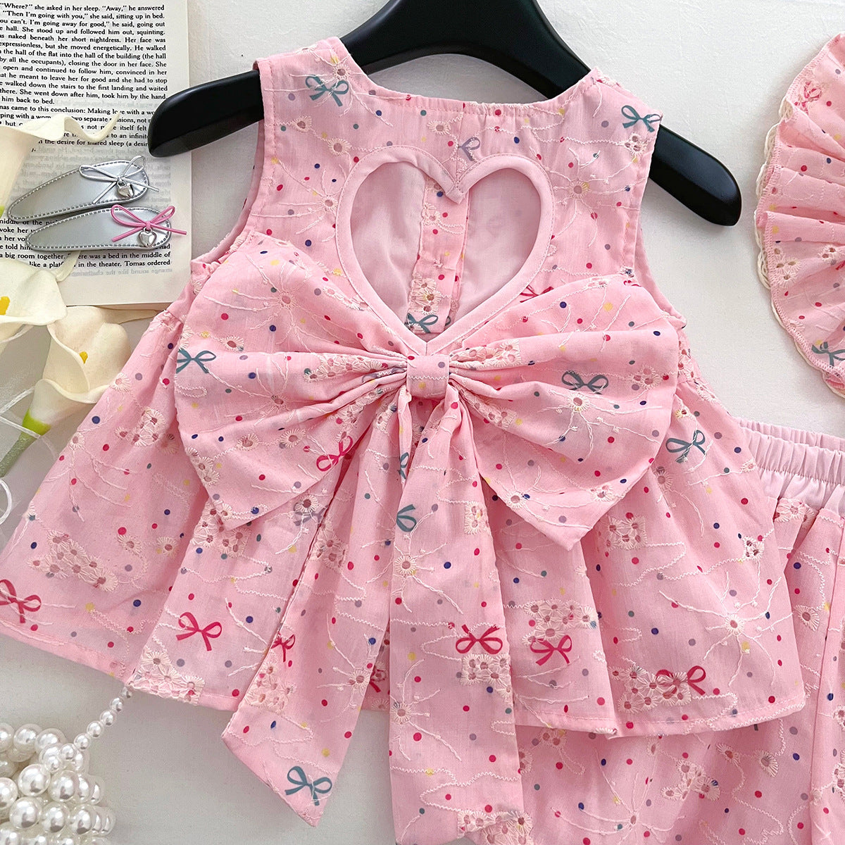[963165] - One Set 2in1 Baju Setelan Atasan Lengan Kutung Bawahan Celana Pendek Korean Style Anak Perempuan Cewek - Motif Little Bow - BABYHOKI STORE - BABYHOKI STORE