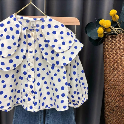 [363787] - Setelan Baju Blouse Lengan Panjang Celana Jeans Panjang Fashion Anak Perempuan - Motif Polka Denim