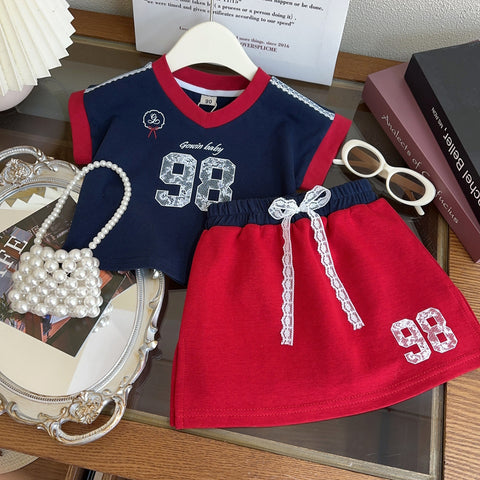 [963242] - One Set 2in1 Baju Setelan Atasan Kaos Lengan Pendek Bawahan Celana Rok Korean Sporty Style Pendek Anak Perempuan Cewek - Motif Stylish Letter - BABYHOKI STORE