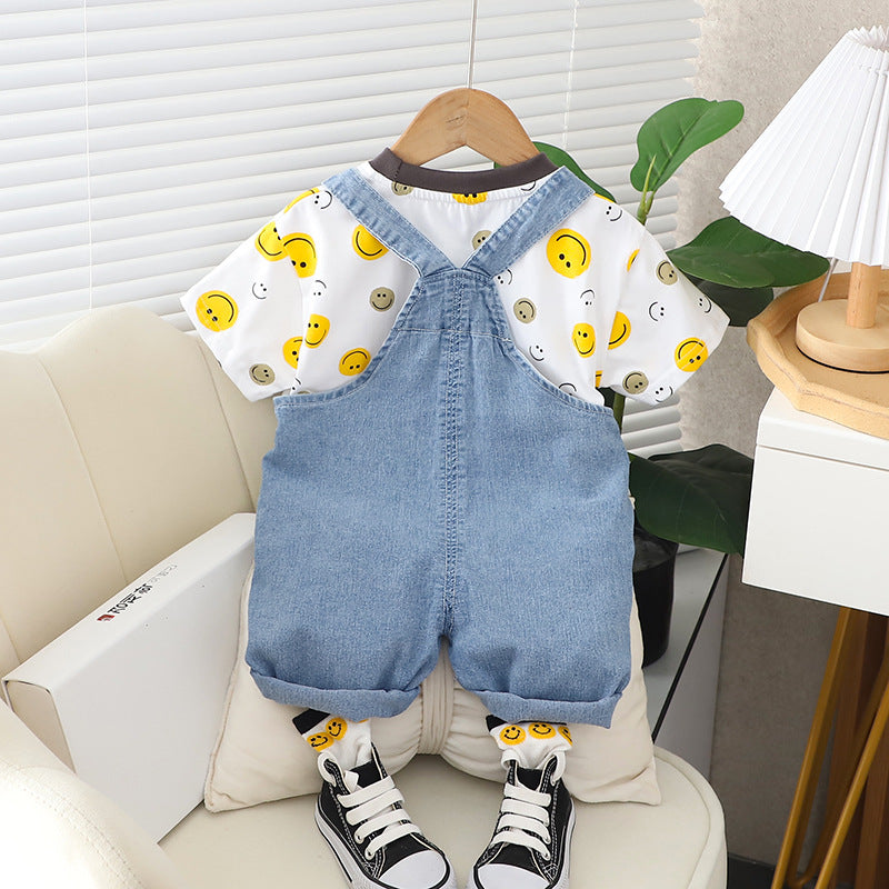 [345430] - Baju Setelan Kaos Pendek Bawahan Overall Anak Cowok Fashion - Motif Smile Bear