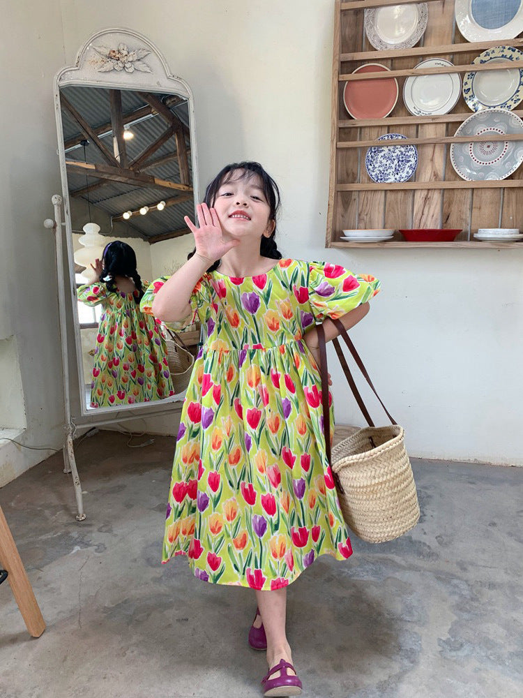 [507S181] - Baju Dress Lengan Pendek Fashion Anak Perempuan - Motif Tulip Flower