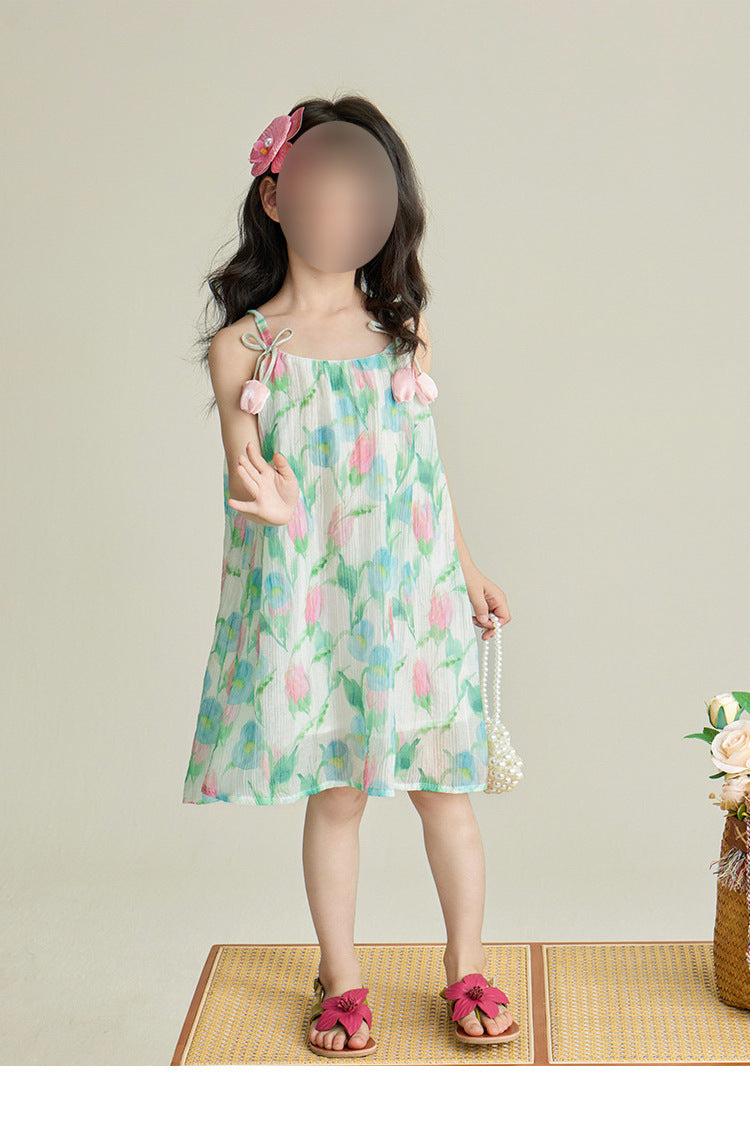 [5071114] - Baju Dress Gaun Cool Holiday Lengan Kutung Fashion Trendi Anak Perempuan Cewek - Motif Tulips - BABYHOKI STORE