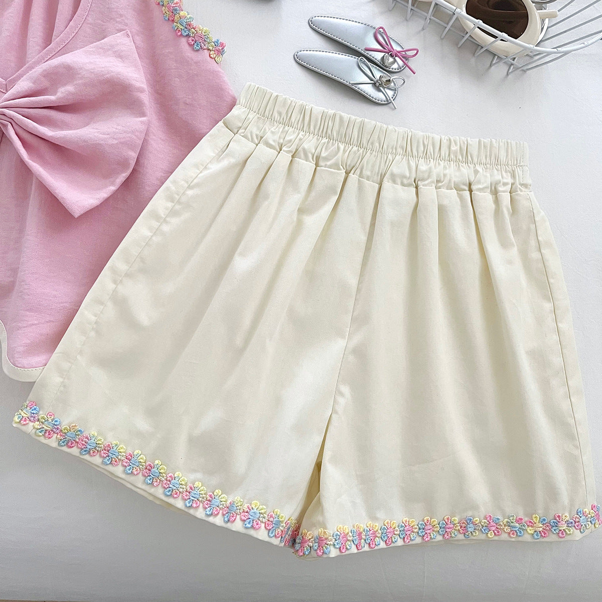 [963163] - One Set 2in1 Baju Setelan Atasan Lengan Kutung Bawahan Celana Pendek Korean Version Style Anak Perempuan Cewek - Motif Floral Bow - BABYHOKI STORE - BABYHOKI STORE
