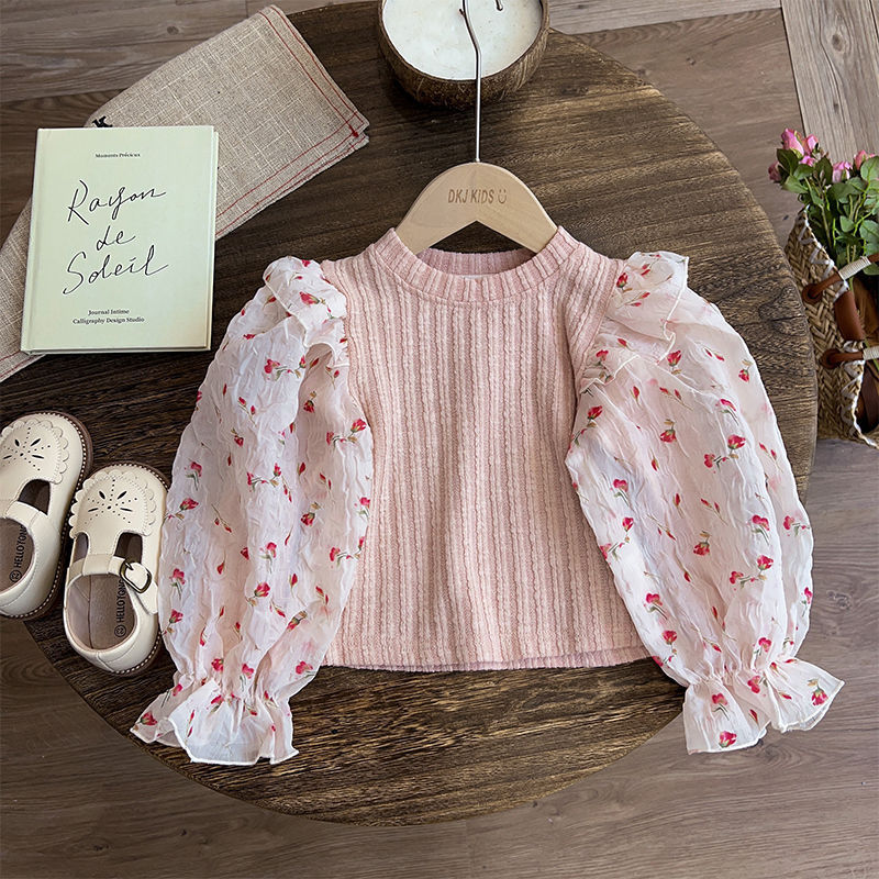[363704] - Setelan Baju Lengan Balon Celana Jeans Fashion Anak Perempuan Cewek - Motif Wavy Flowers