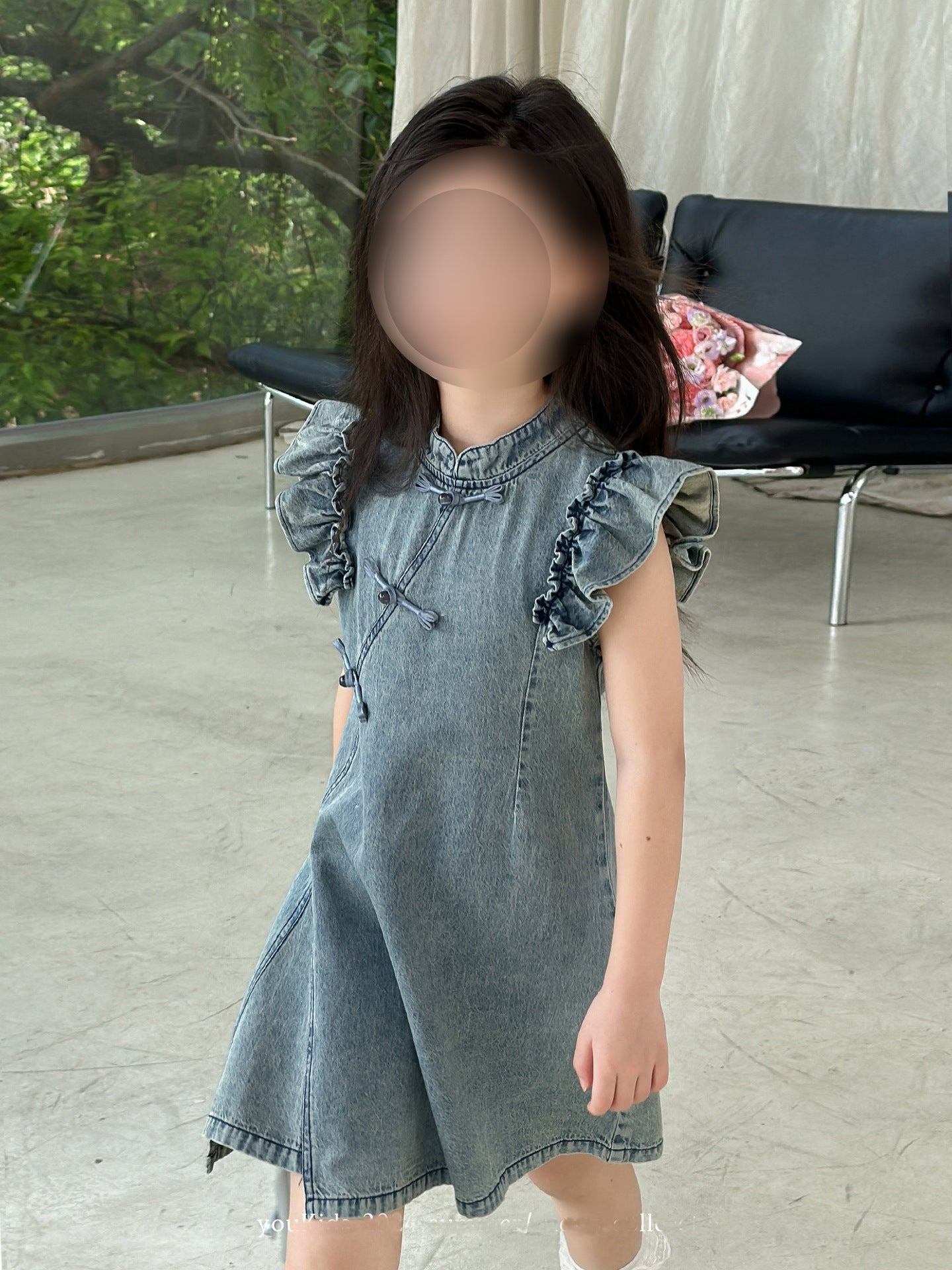 [5071086] - Baju Dress Gaun Cheongsam Lengan Kutung Jeans Fashion Anak Perempuan Cewek - Motif Ruffled Shoulder - BABYHOKI STORE