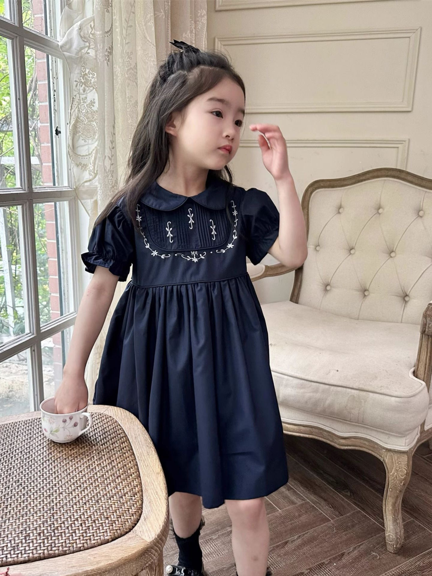 [5071074] - Baju Dress Gaun Vintage Lengan Pendek Fashion Anak Perempuan Cewek - Motif Colour Basic Navy - BABYHOKI STORE
