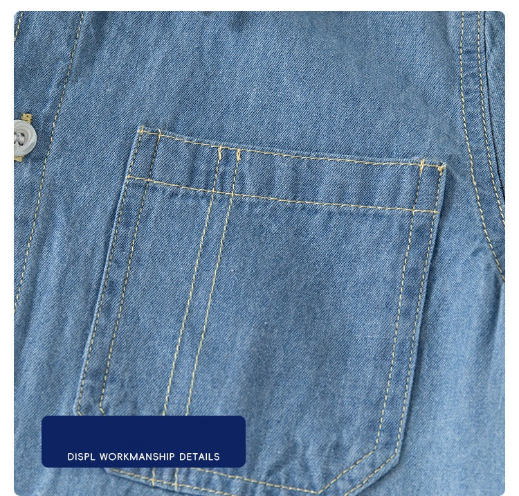 [5131090] - Baju Kemeja Denim Lengan Pendek Fashion Anak Laki-Laki - Motif Stitching Texture