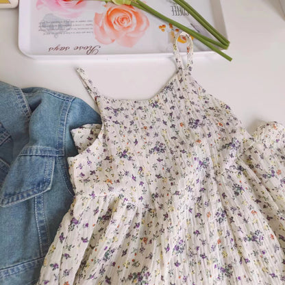 [363680] - Baju Setelan Jaket Jeans Crop Inner Dress Fashion Anak Perempuan - Motif Edge Flower