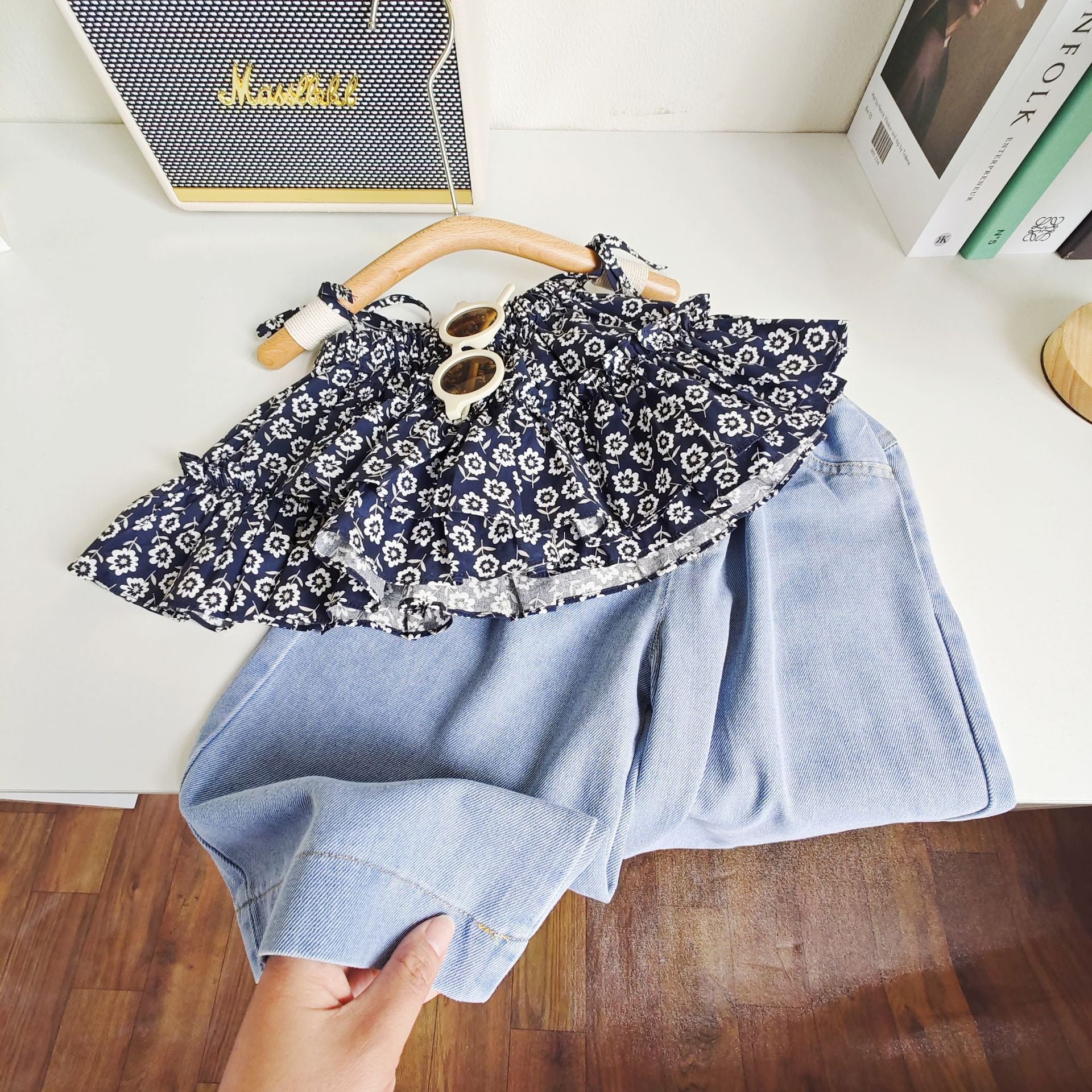 BABYHOKI STORE Usia 7 8 9 10 Tahun Baju Anak Tanggung Cewek [363615] - Setelan Blouse Crop Celana Jeans Kulot Anak Perempuan - Motif Shadow Flower