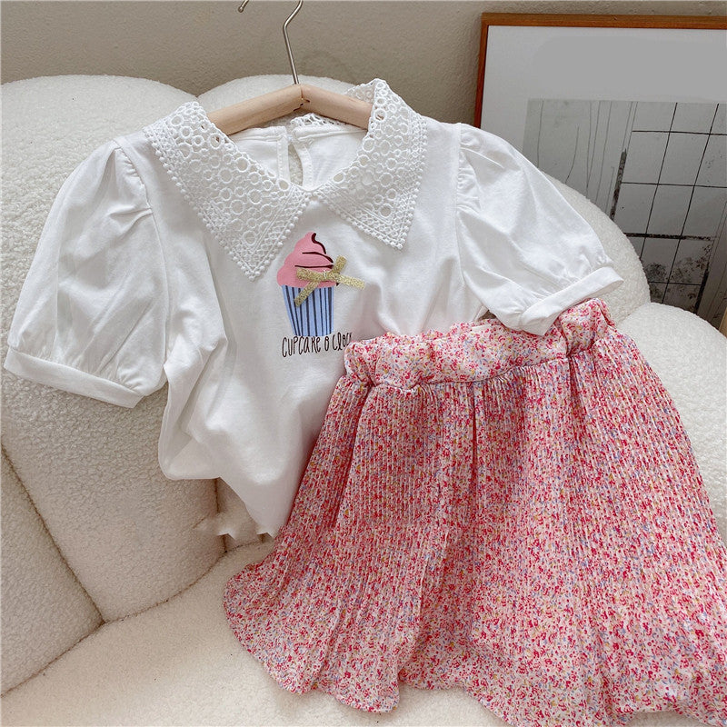 [363821] - Setelan Baju Lengan Pendek Bawahan Rok Pendek Fashion Anak Perempuan - Motif Cupcake