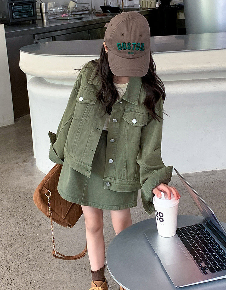 [5071029] - Setelan Baju Jaket Lengan Panjang Bawahan Rok Pendek Jeans Fashion Anak Perempuan - Motif Button Line