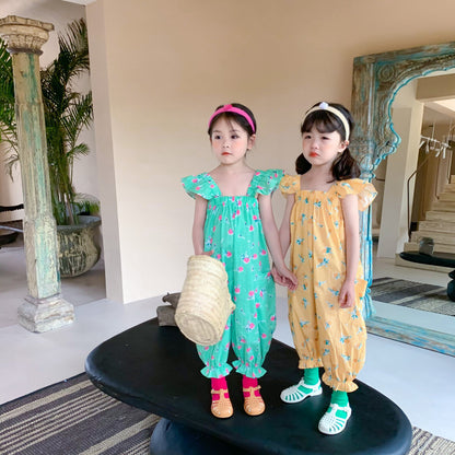 [507S143] - Baju Setelan Jumpsuit Kutung Fashion Anak Perempuan - Motif Flower Leaf