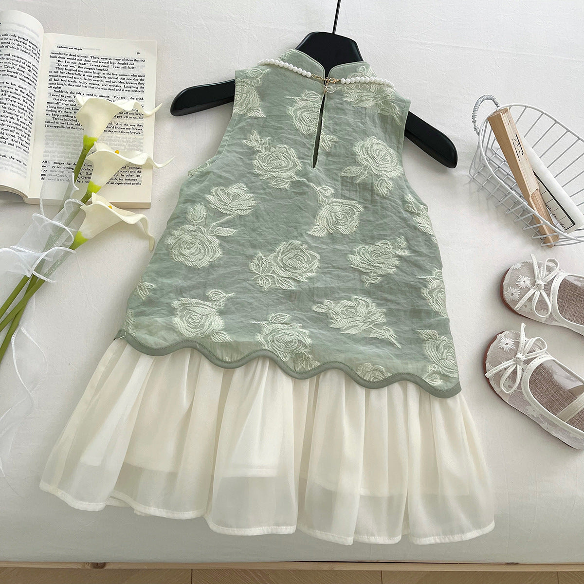 [963179] - Baju Gaun Dress Cheongsam Shanghai Imlek Lengan Kutung Anak Perempuan Cewek - Motif Green Flower - BABYHOKI STORE