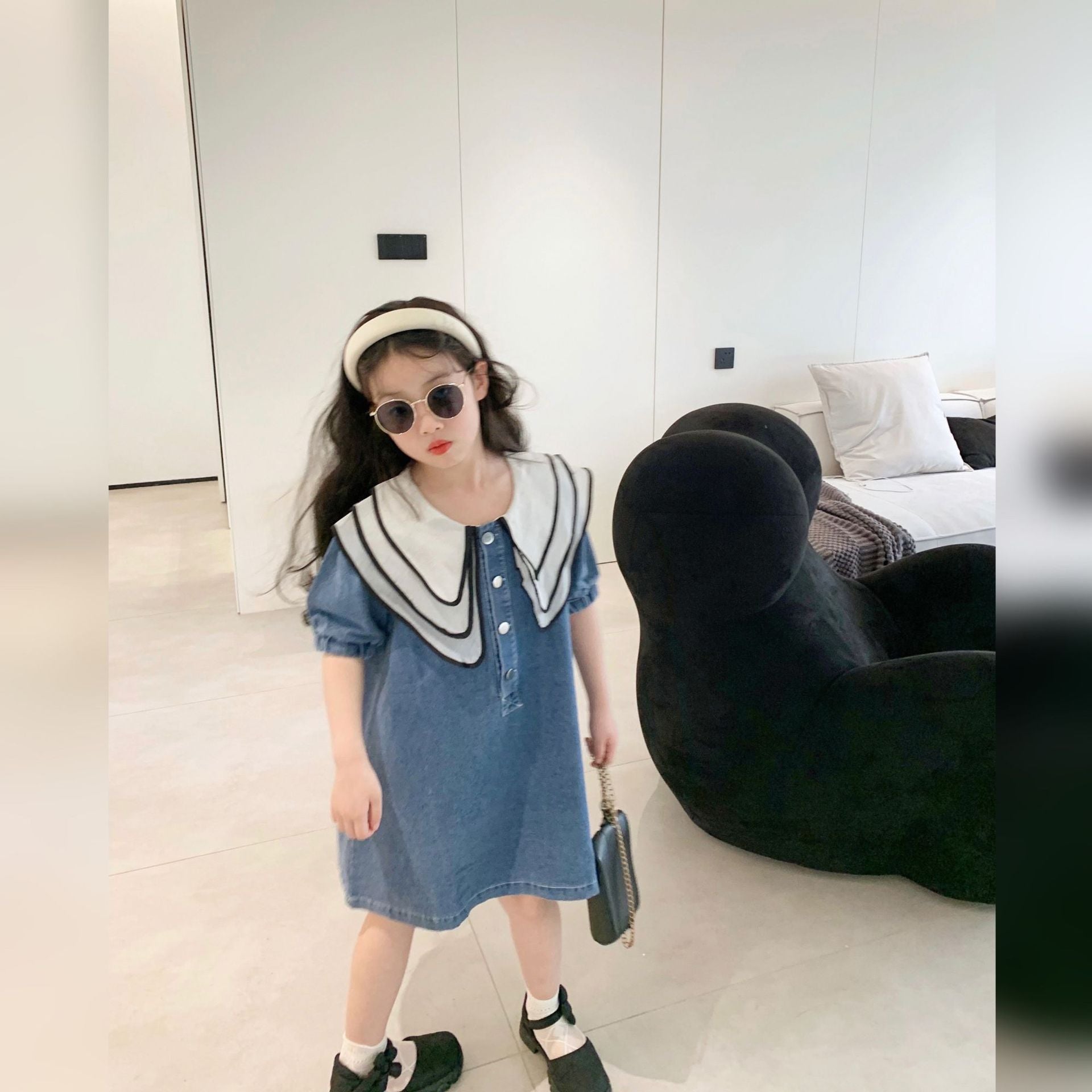 [507S1104] - Baju Dress Denim Lengan Pendek Anak Perempuan - Motif Denim Line