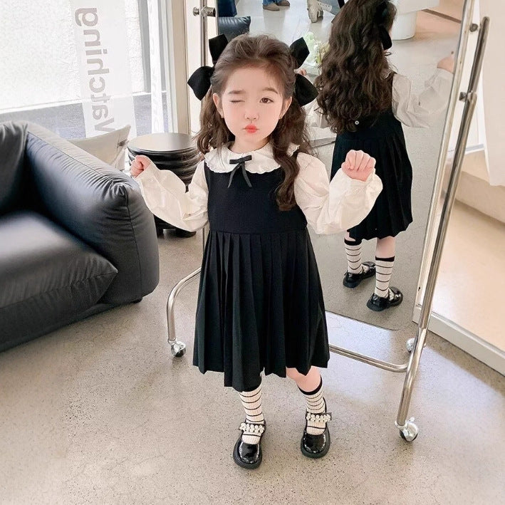 [5071180] - One Set 2in1 Baju Setelan Dress Atasan Lengan Panjang Korean Version Style Anak Perempuan Cewek - Motif Collar With Ribbon - BABYHOKI STORE