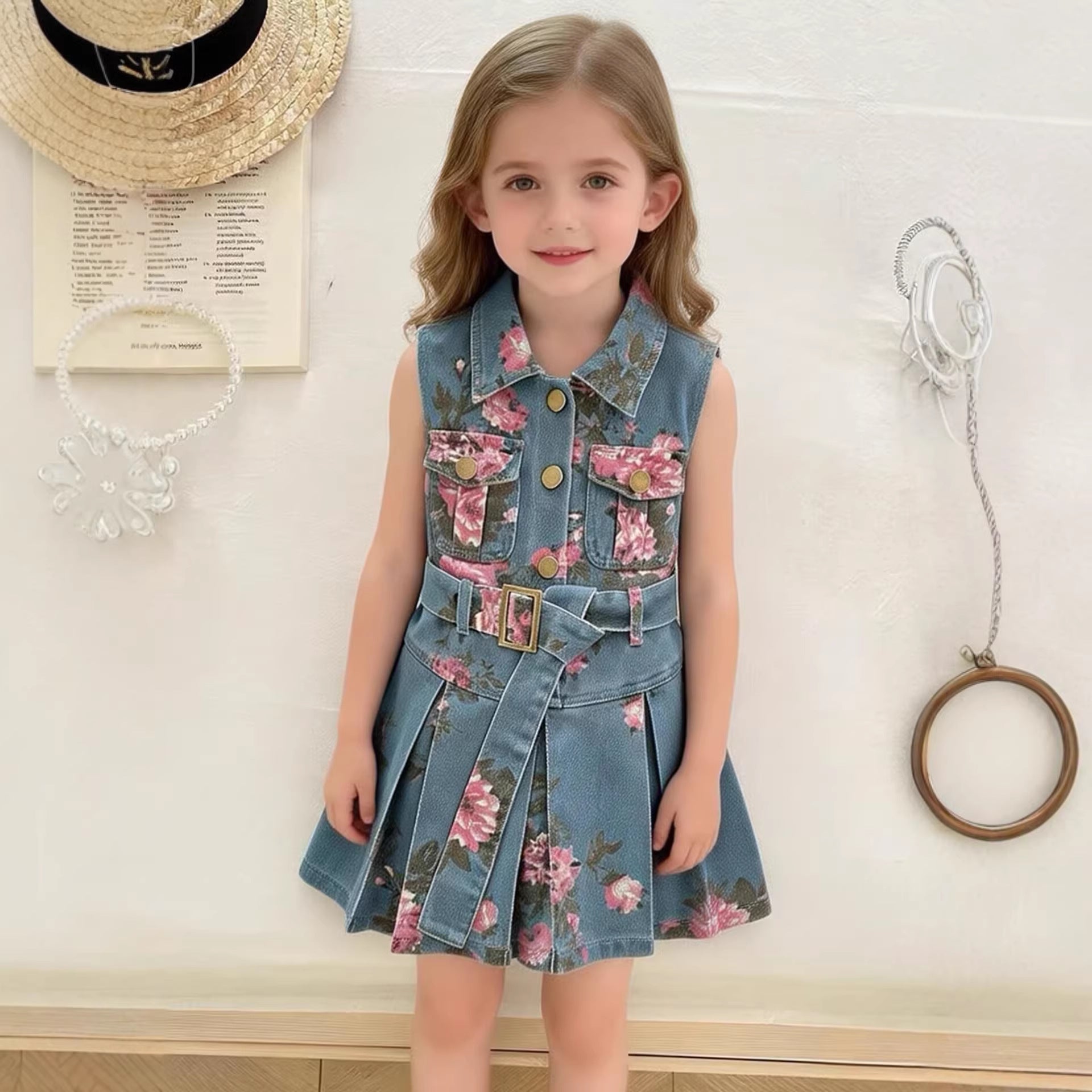 [963299] - Baju Gaun Dress Lengan Kutung Korean Style Anak Perempuan Cewek - Motif Denim Floral - BABYHOKI STORE