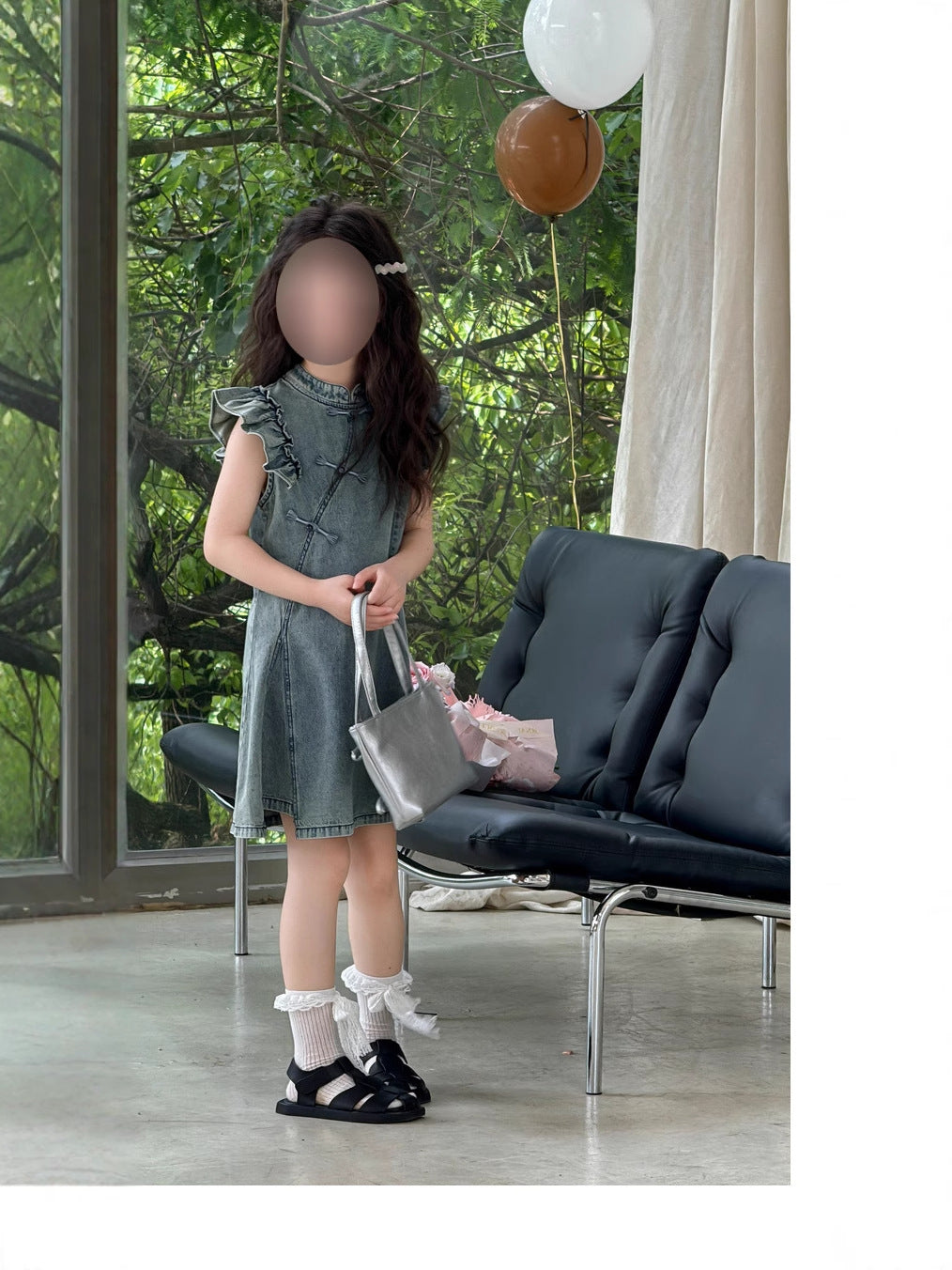 [5071086] - Baju Dress Gaun Cheongsam Lengan Kutung Jeans Fashion Anak Perempuan Cewek - Motif Ruffled Shoulder - BABYHOKI STORE