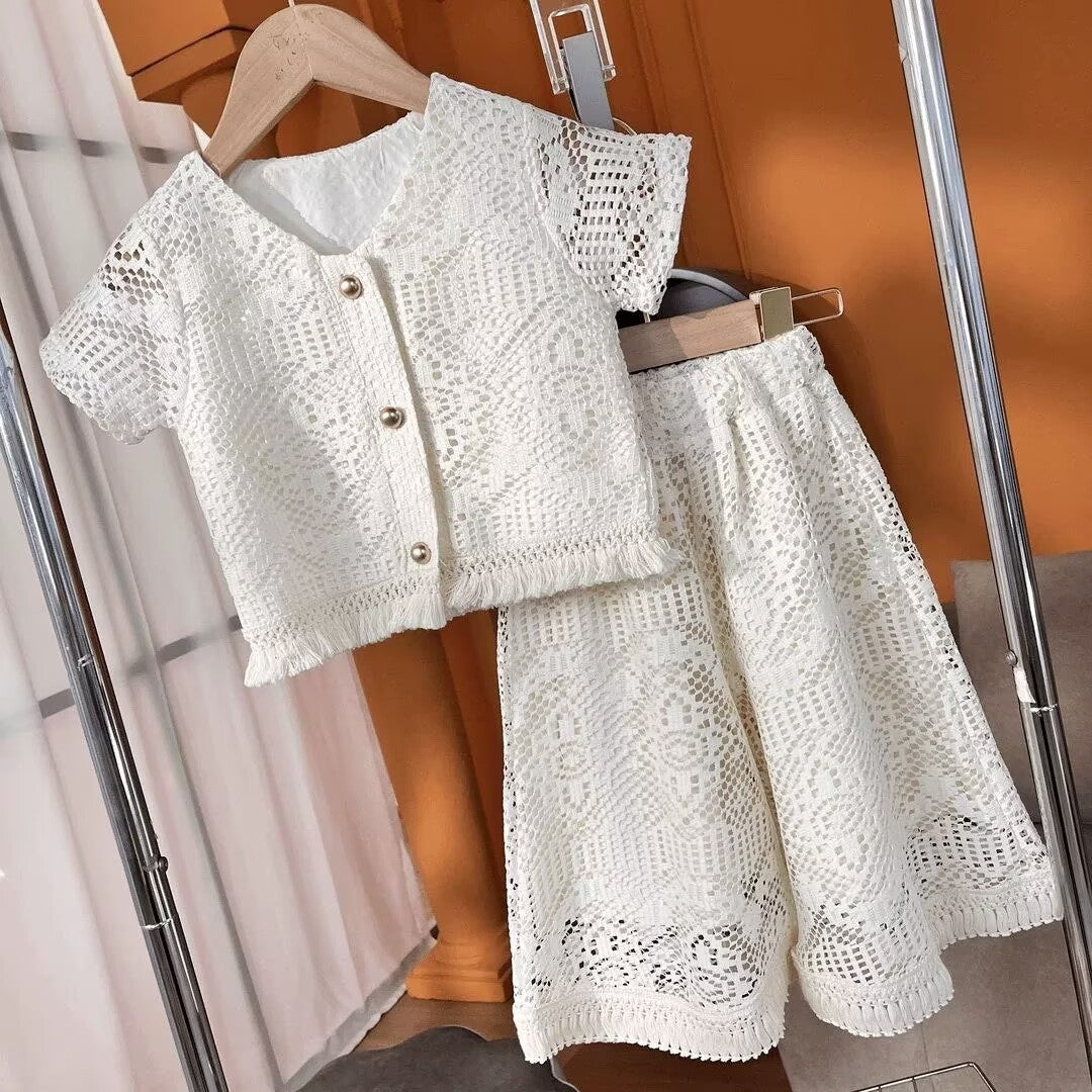 [5071177] - One Set 2in1 Baju Setelan Elegant Atasan Lengan Pendek Bawahan Rok Pendek Comfort Fashion Style Anak Perempuan Cewek - Motif Hollow - BABYHOKI STORE