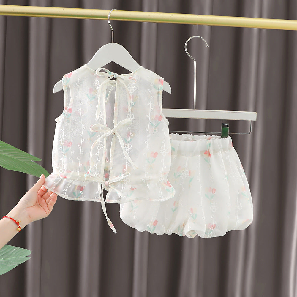 [340414] - Setelan Baju Atasan Kutung Celana Pendek Fashion Anak Perempuan - Motif Flower Ribbon