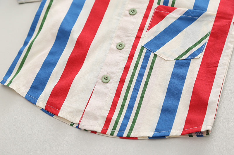 [345420] - Baju Setelan Kemeja Lengan Pendek Celana Pendek Anak Cowok Fashion - Motif Side Stripped