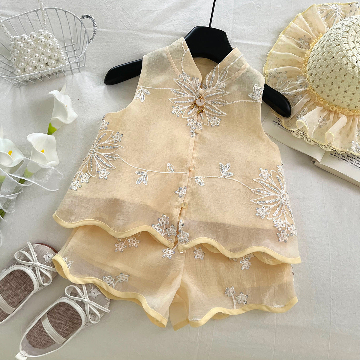 [963197] - One Set 2in1 Baju Setelan Cheongsam Shanghai Imlek Atasan Lengan Kutung Bawahan Celana Pendek Chinese Fashion Anak Perempuan Cewek - Motif Floral Plate - BABYHOKI STORE
